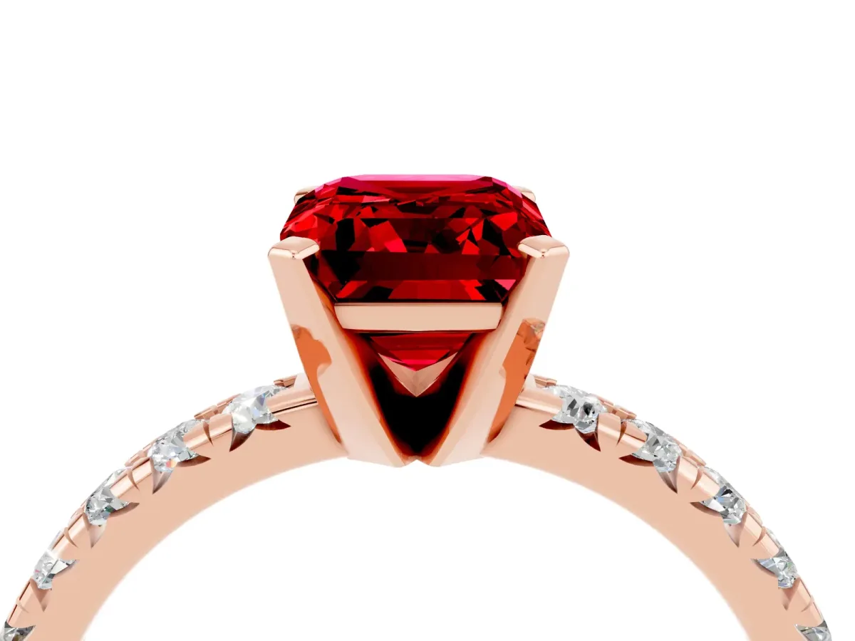 Emerald Cut Ruby Solitaire Pavé Engagement Ring with Round Band and Prong Setting Rose gold