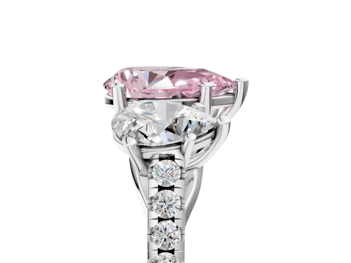 Fancy Pink Three-Stone Pear Cut Diamond Ring with Round Pavé Band and Prong Setting Silver