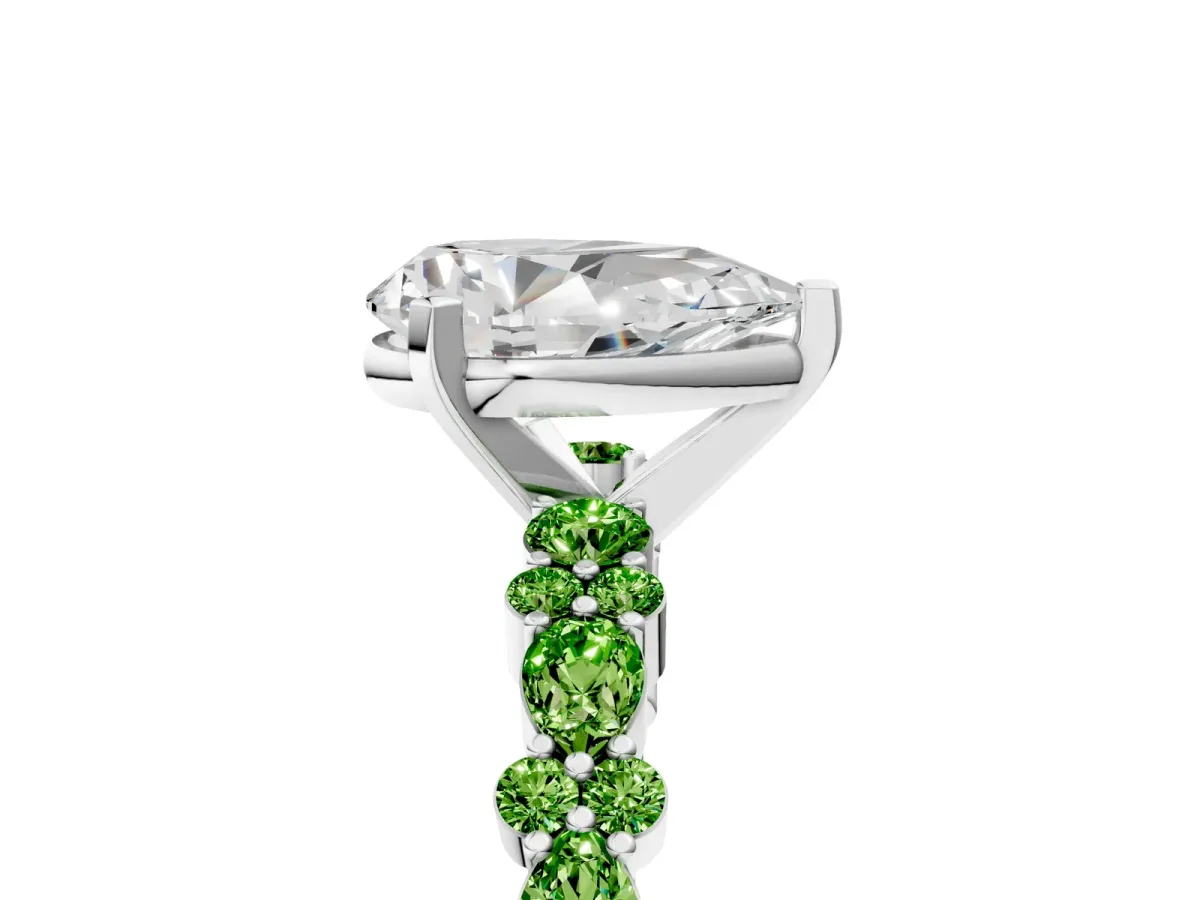 Pear Cut Diamond Side Stone Solitaire Ring with Round Peridot and Four-Prong Setting White gold