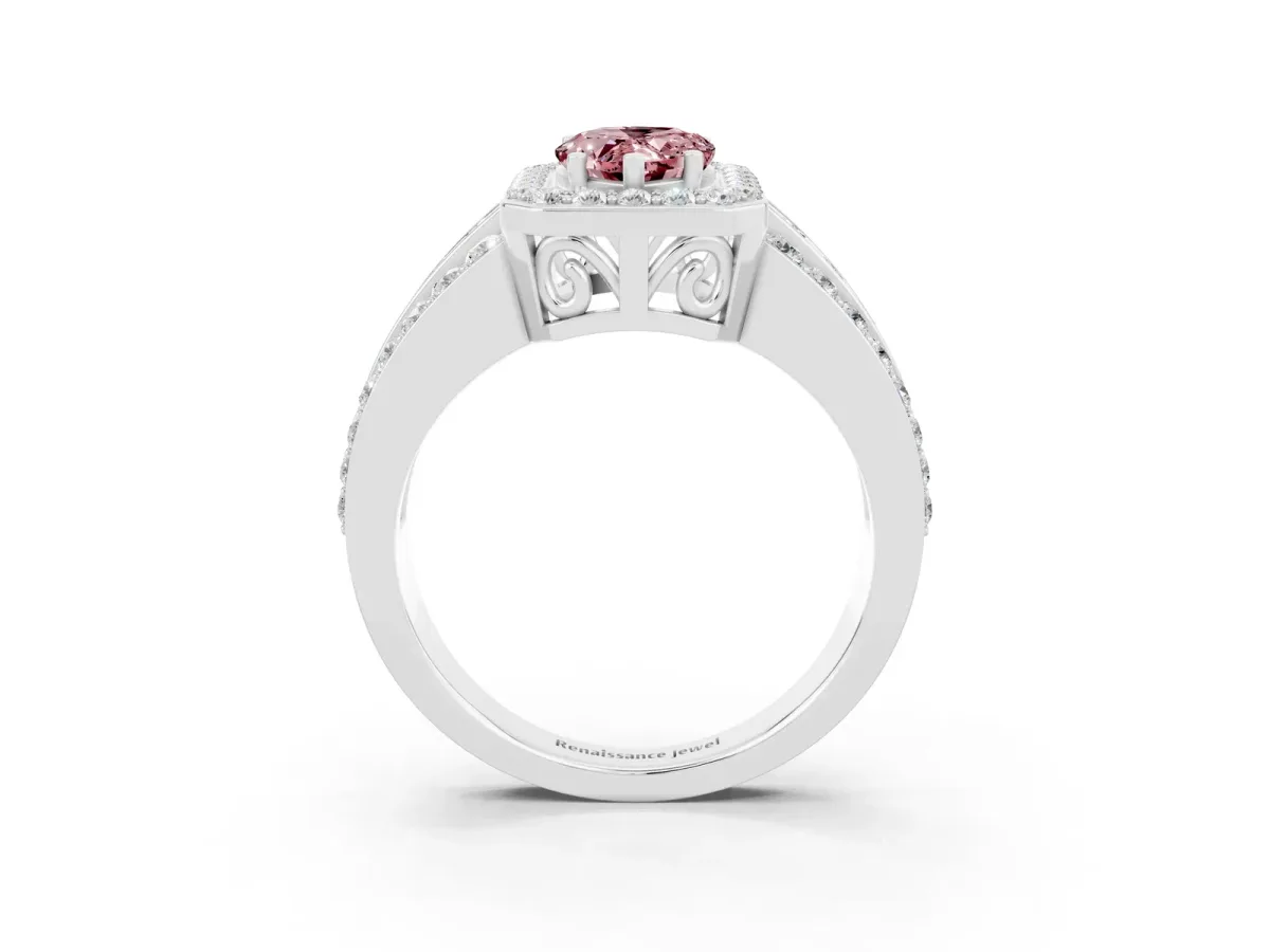 Pear Cut Halo Morganite Ring with Round Split Shank and Prong Setting White gold