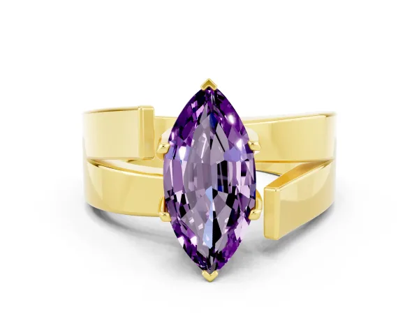 Modern Tension Set Marquise Cut Amethyst Solitaire Wide Band Ring Yellow gold