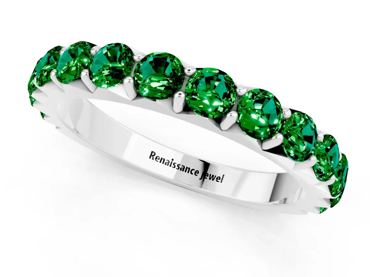 Round Emerald Half Eternity Band with Classic Prong Setting White gold