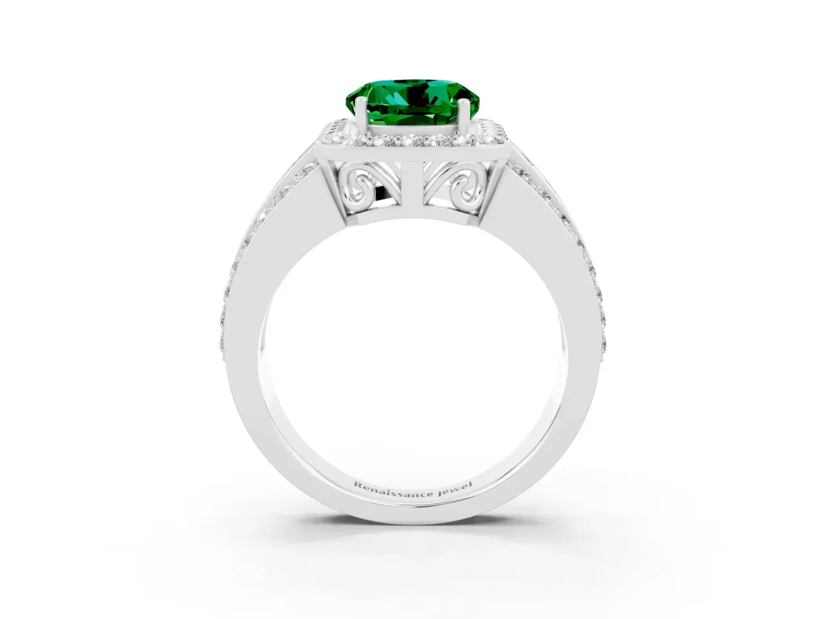 Round Cut Halo Emerald Ring with Round Split Shank and Prong Setting Silver