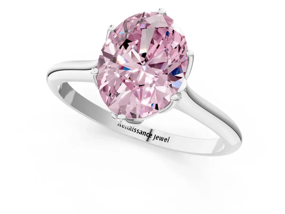 Fancy Pink Oval Cut Solitaire Cathedral Diamond Ring with Six-Prong Setting Silver