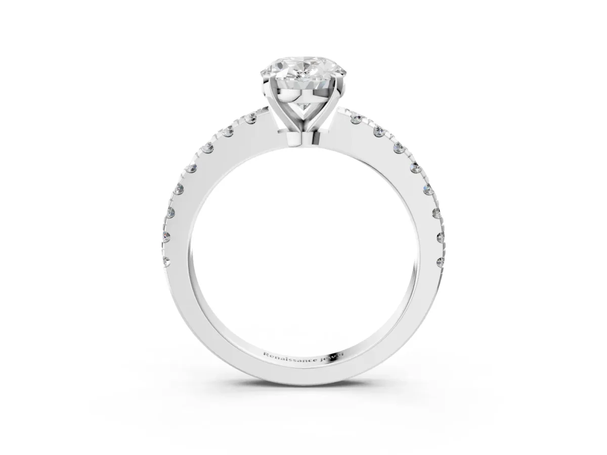 Oval Cut Solitaire Diamond with Pavé Band and Four-Prong Setting Silver