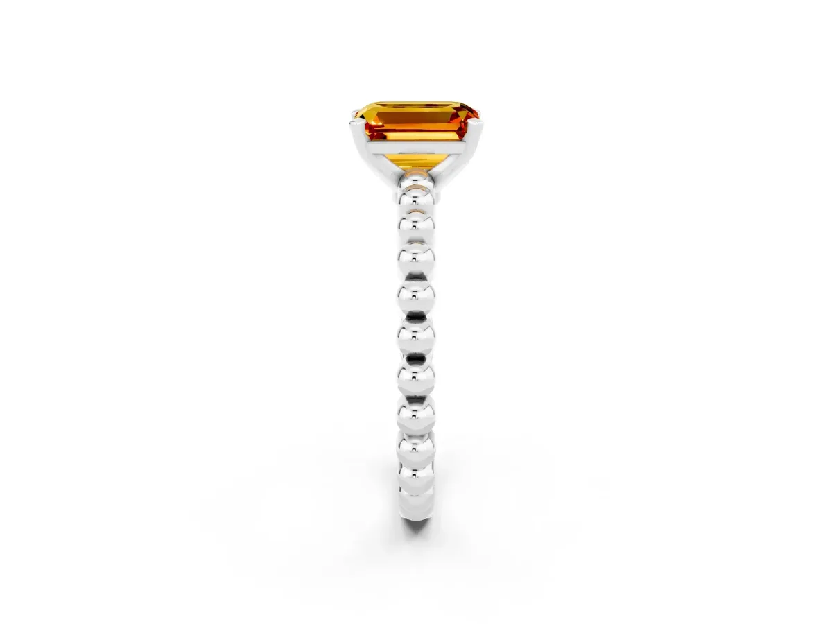 Emerald Cut Citrine Solitaire Ring with Beaded Band and Prong Setting Silver