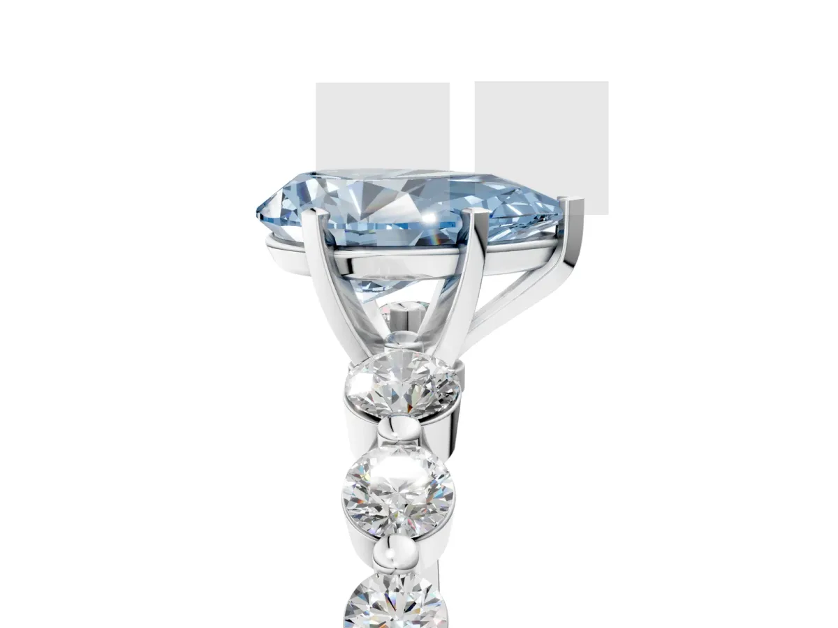 Fancy Blue Pear Cut Solitaire Diamond Ring with Pave Band and Four-Prong Setting Silver