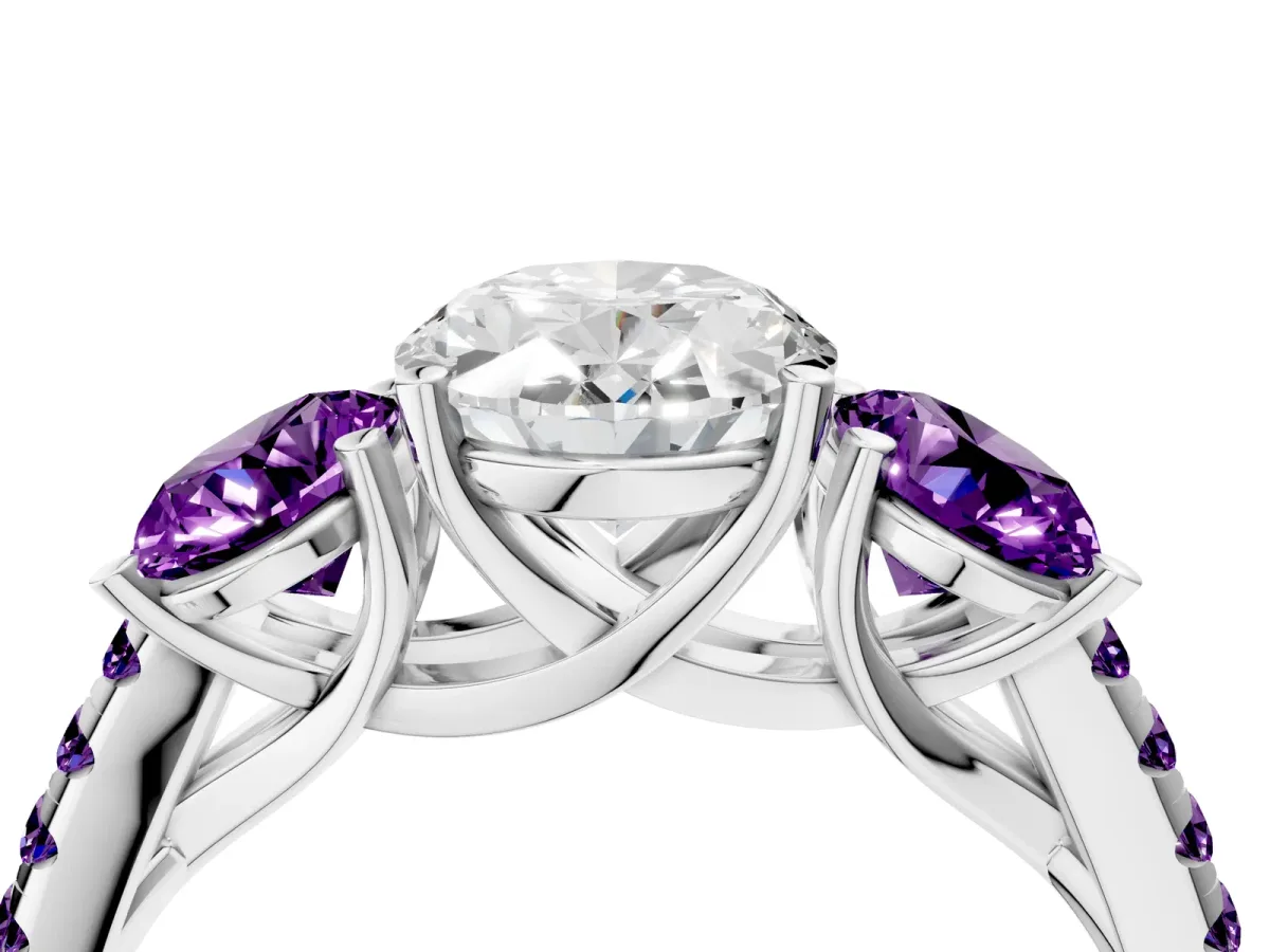 Three-Stone Oval Cut Diamond Ring with Round Amethyst Pavé Band and Prong Setting Silver