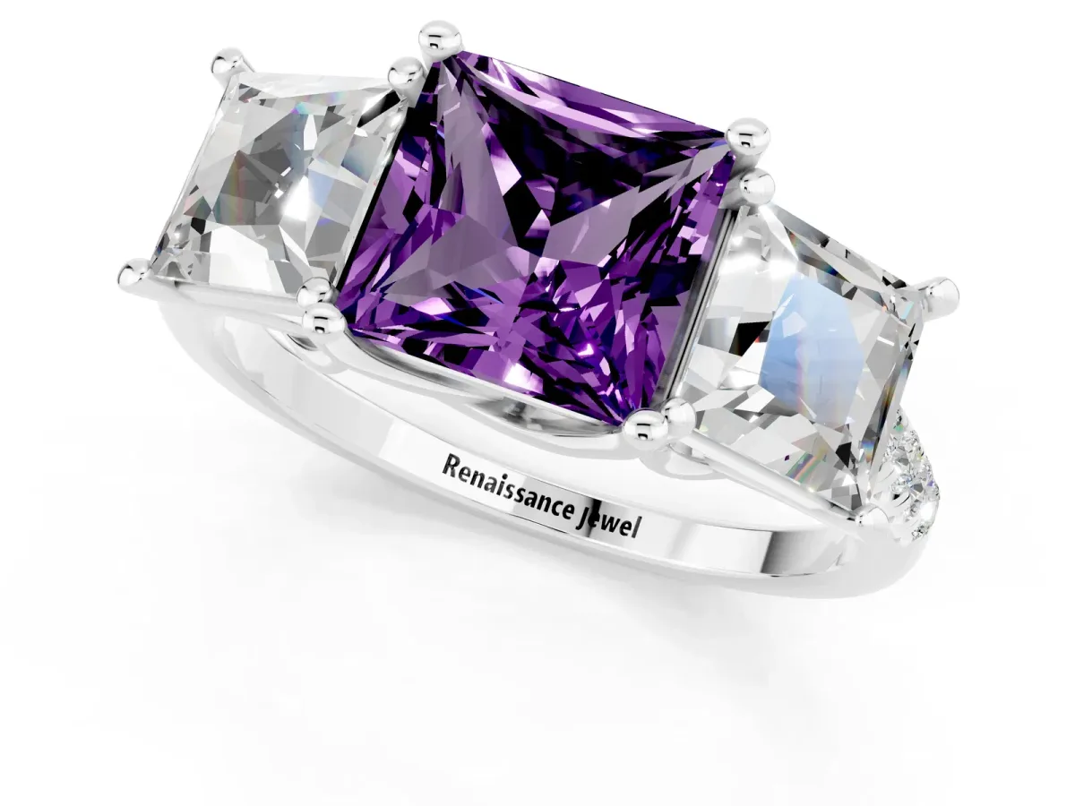 Three-Stone Princess Cut Amethyst Ring with Round Pavé Band and Prong Setting Silver