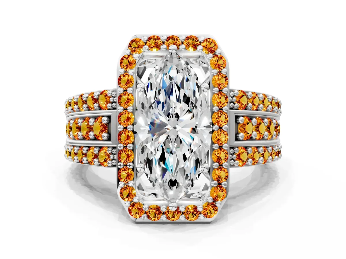 Marquise Cut Halo Diamond Ring with Round Citrine Split Shank and Prong Setting Silver