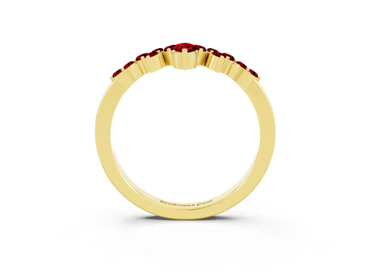 Marquise and Round Ruby Chevron Band with Prong Setting Yellow gold