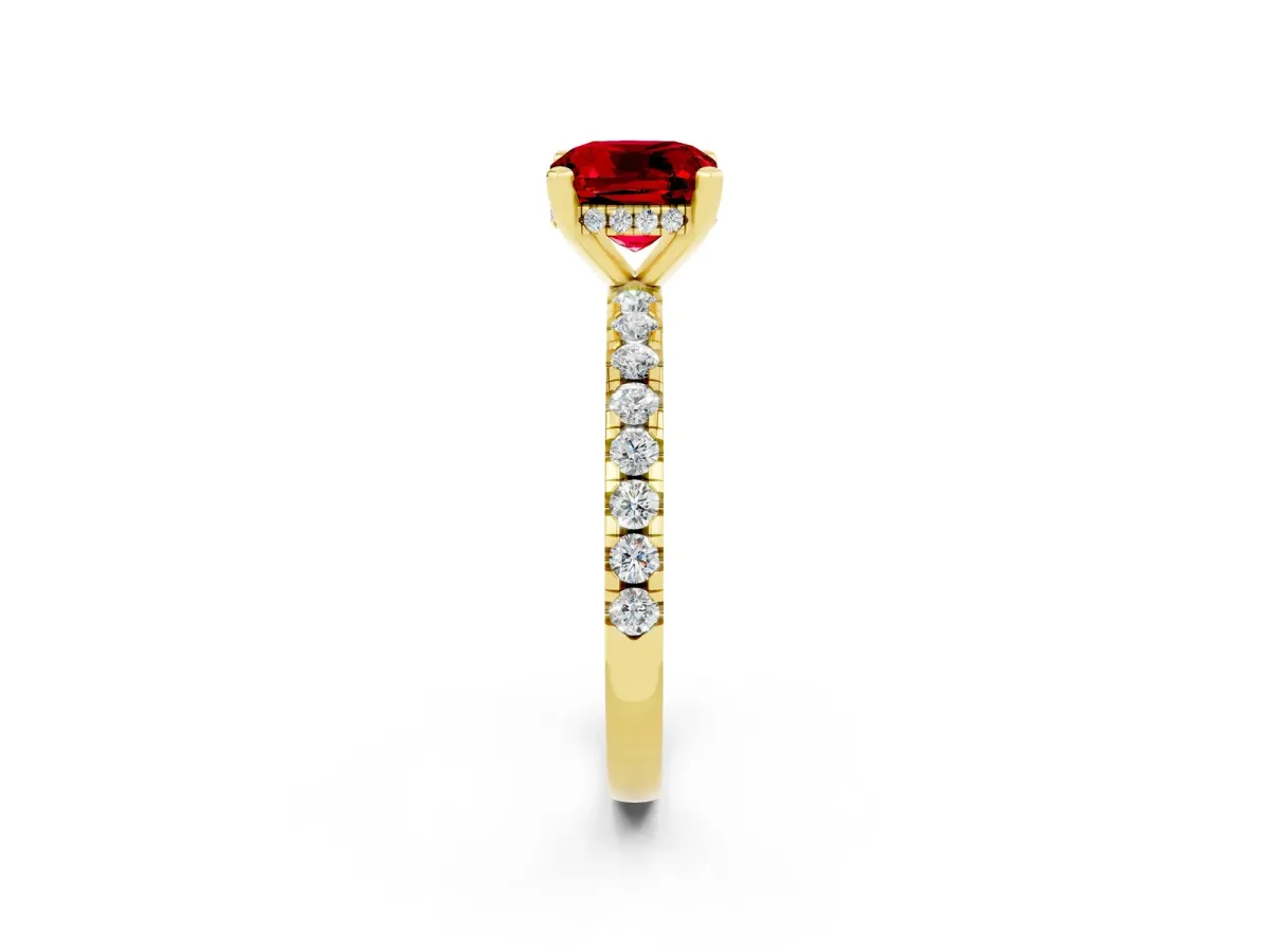 Cushion Cut Ruby Solitaire Ring with Round Pavé Band and Four-Prong Setting Yellow gold