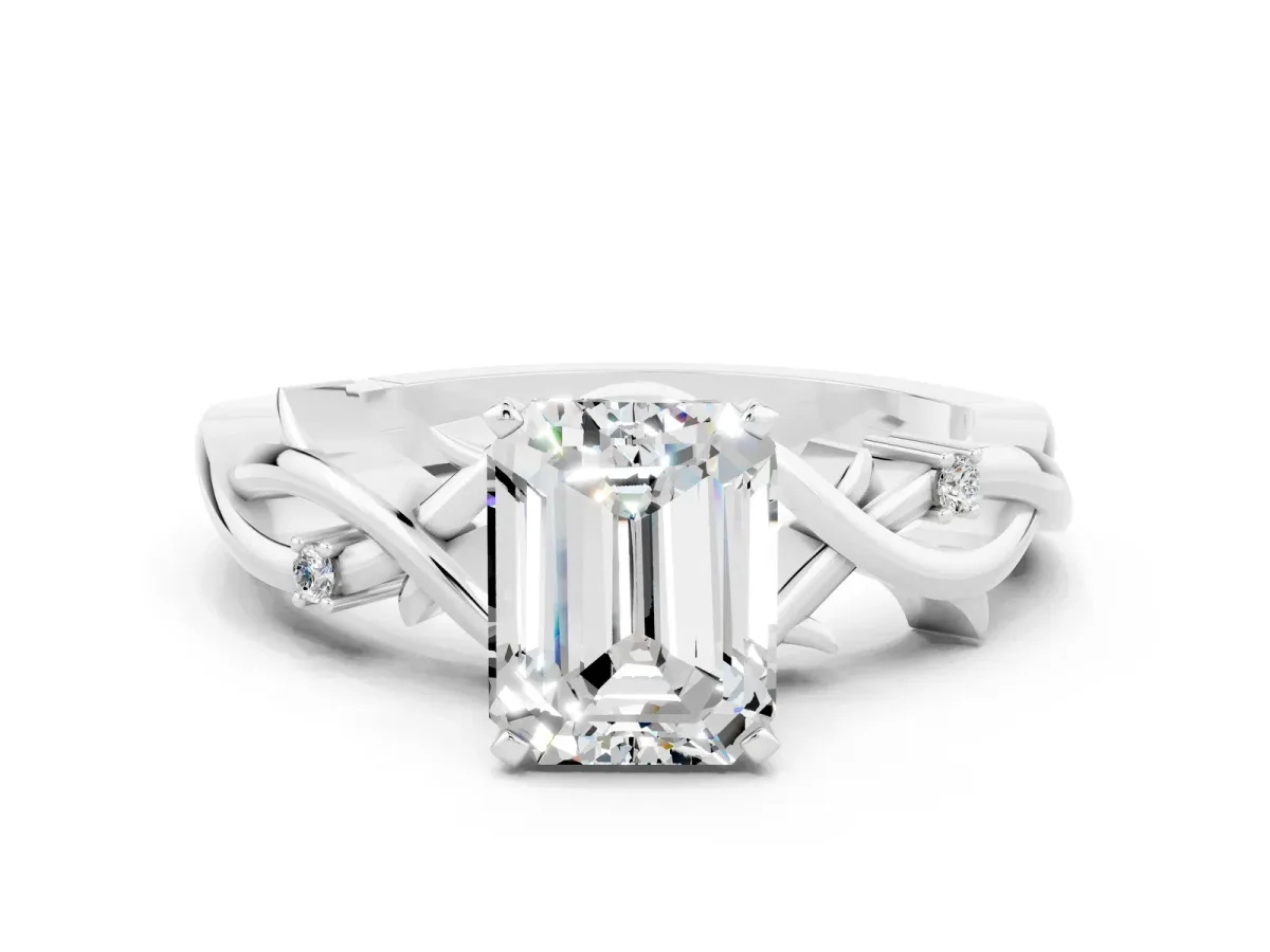 Emerald Cut Moissanite Solitaire Ring with Twisted Band and Prong Setting Silver