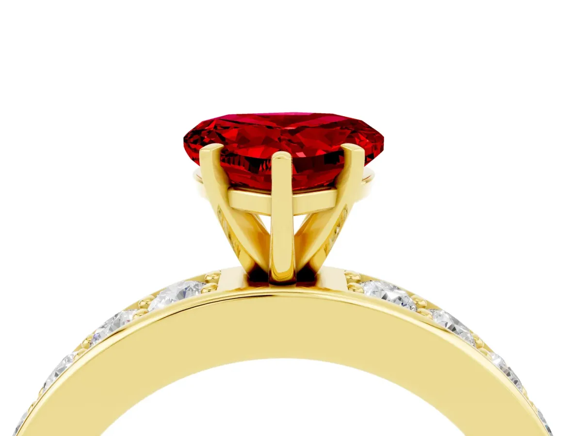 Heart Cut Ruby Engagement Ring with Channel Set Round Band and Prong Setting Yellow gold