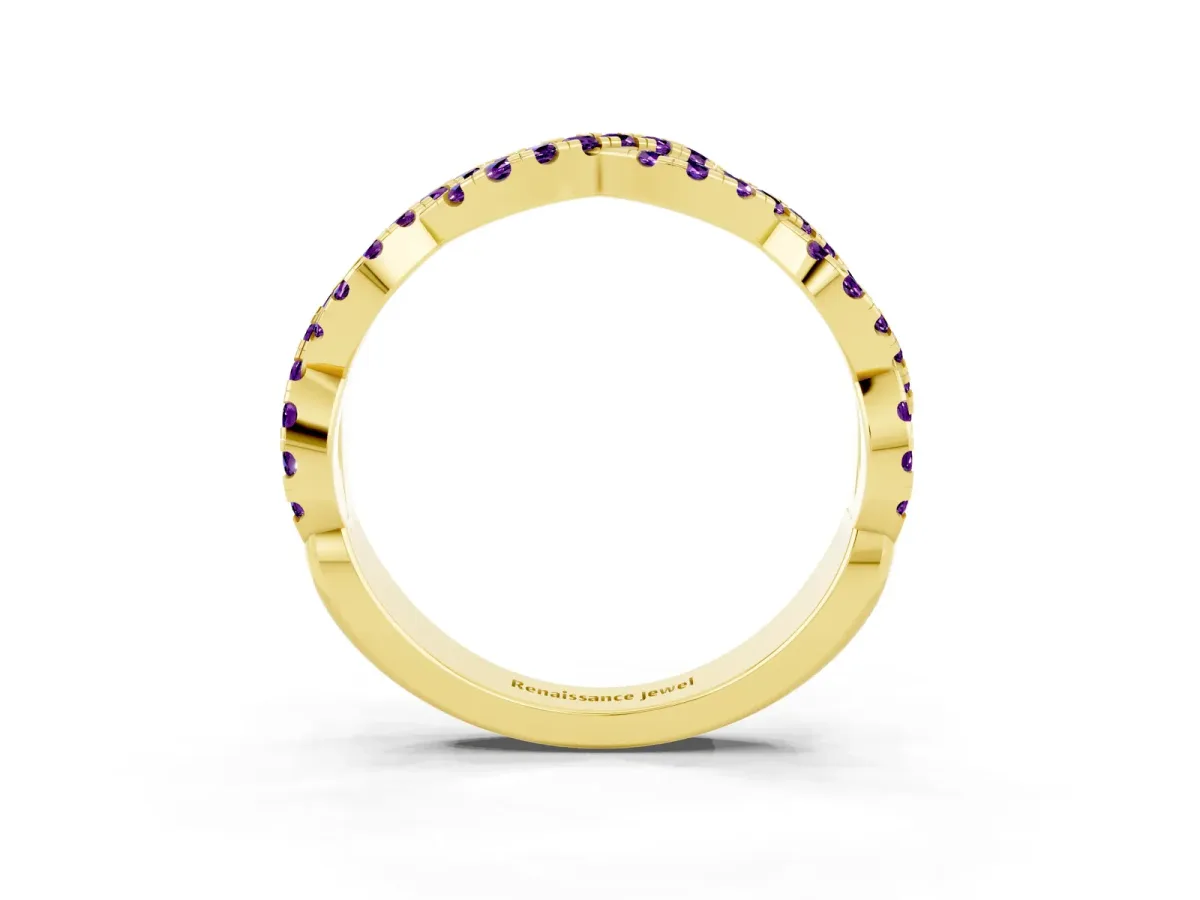 Round Amethyst Twisted Eternity Band with Pavé and Shared Prong Setting Yellow gold