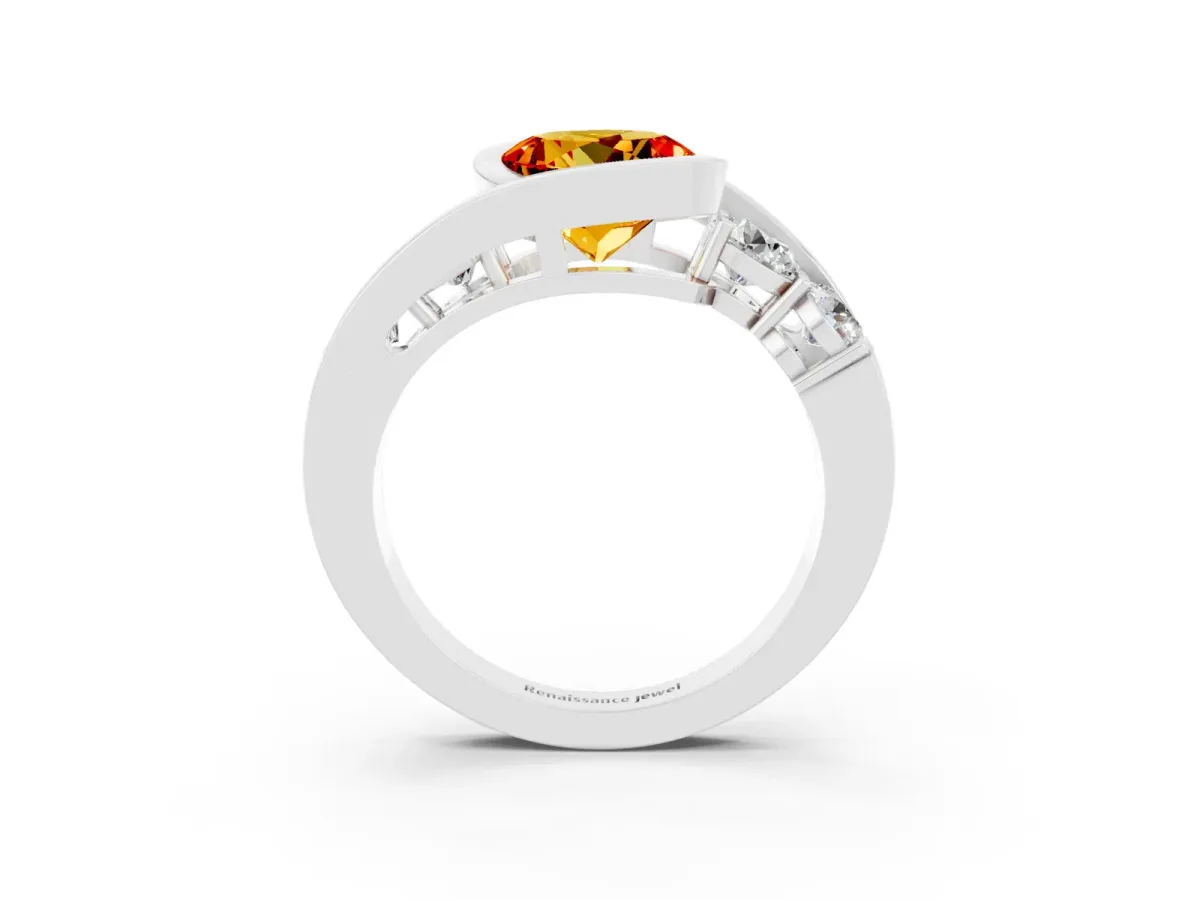Bezel Set Round Cut Citrine Bypass Ring with Round Accents Silver