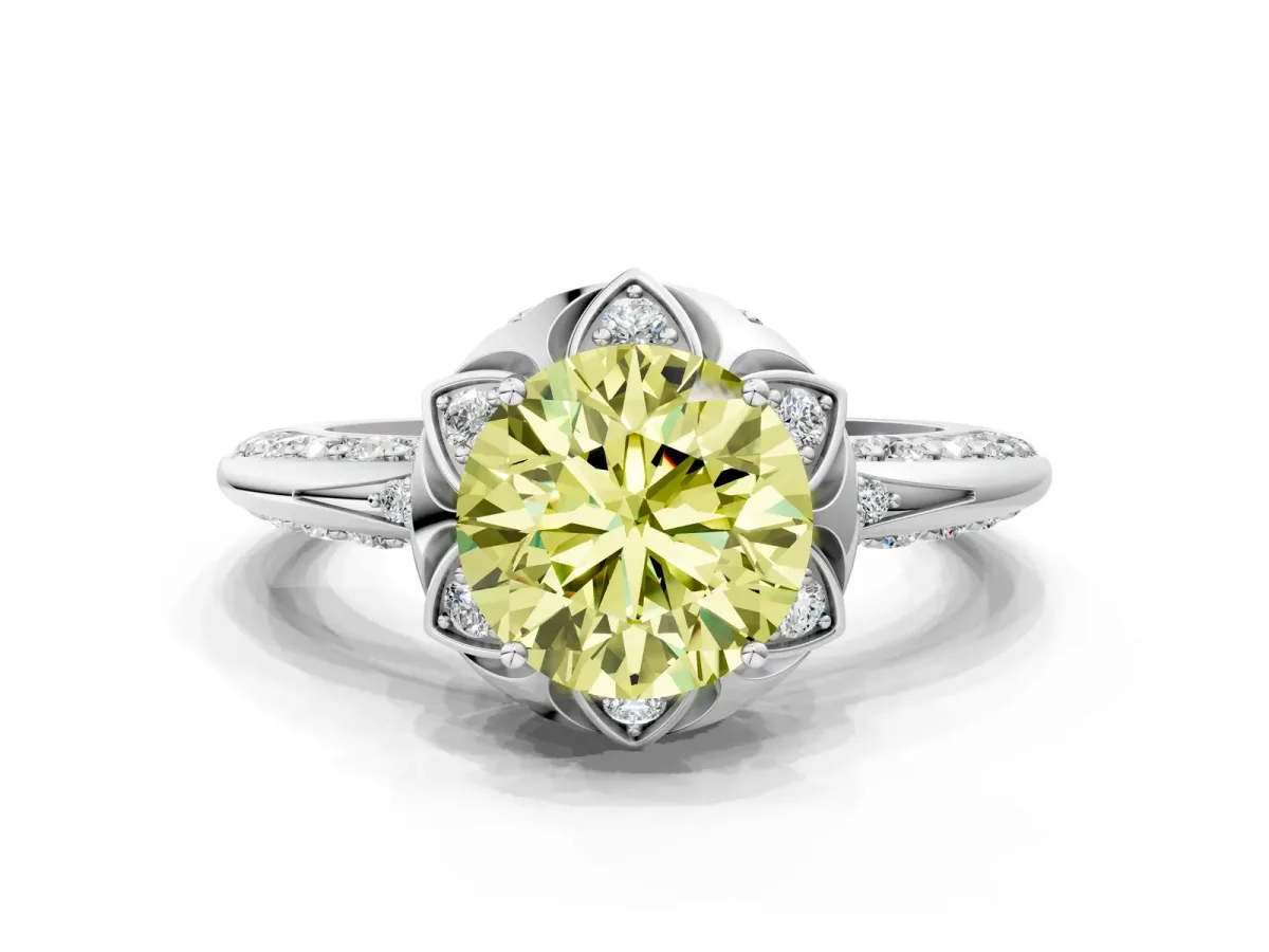 Fancy Yellow Round Cut Halo Split Shank Pave Diamond Ring with Petal Prong Setting Platinum