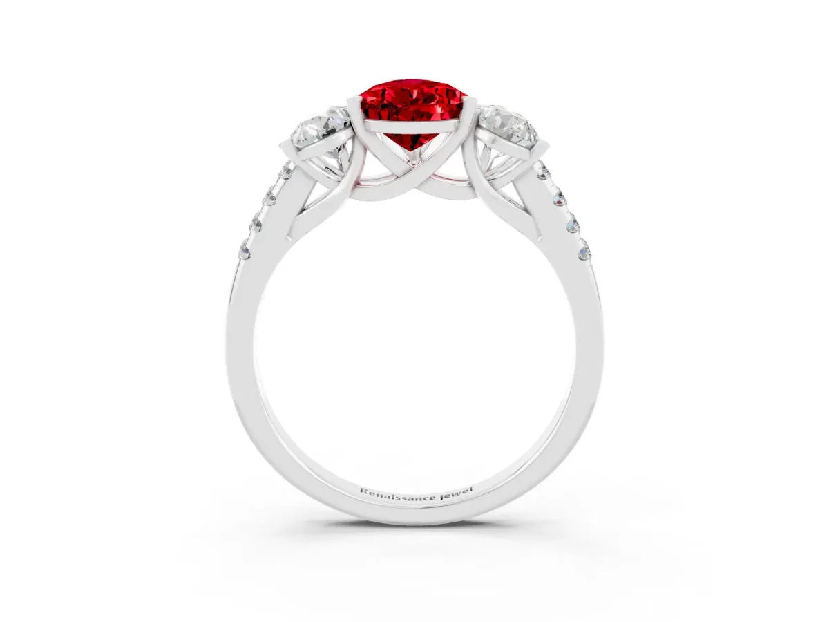Three-Stone Pear Cut Ruby Ring with Round Pavé Band and Prong Setting Silver