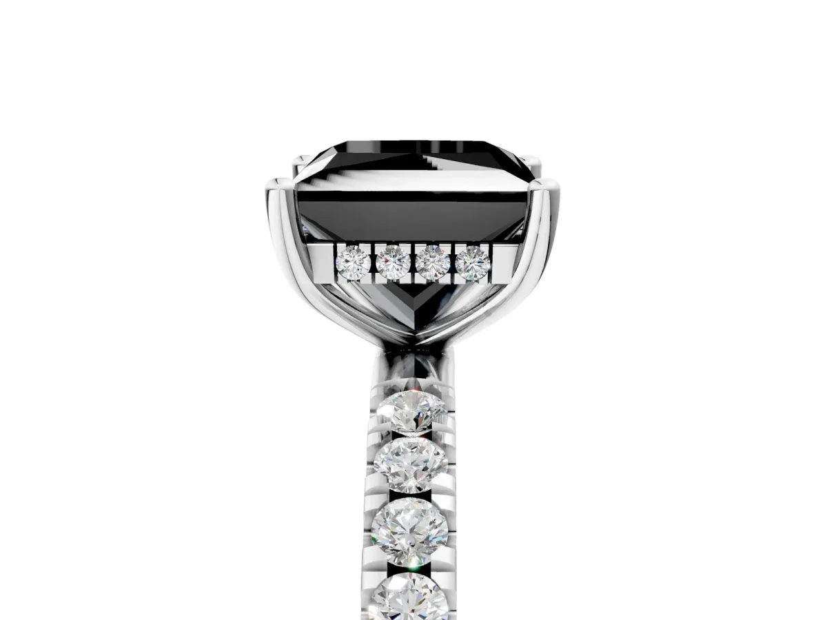 Fancy Black Princess Cut Diamond Pave Band Solitaire Ring with Round and Prong Setting Silver