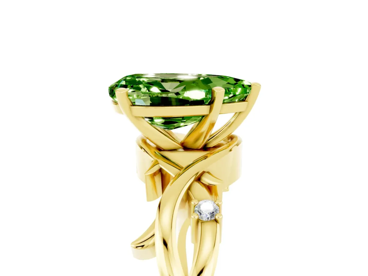 Pear Cut Peridot Solitaire Ring with Twisted Band and Prong Setting Yellow gold