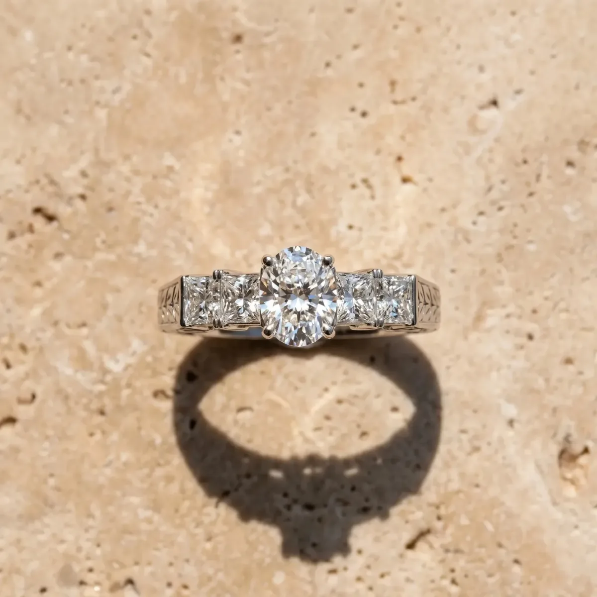 Oval Cut Solitaire Princess Side Stone Engraved Band Prong Setting Ring Silver