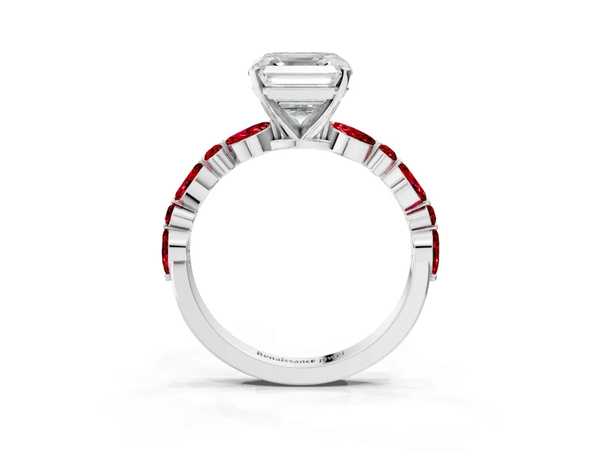 Asscher Cut Diamond Ring with Marquise and Round Ruby Side Stones and Four-Prong Setting White gold