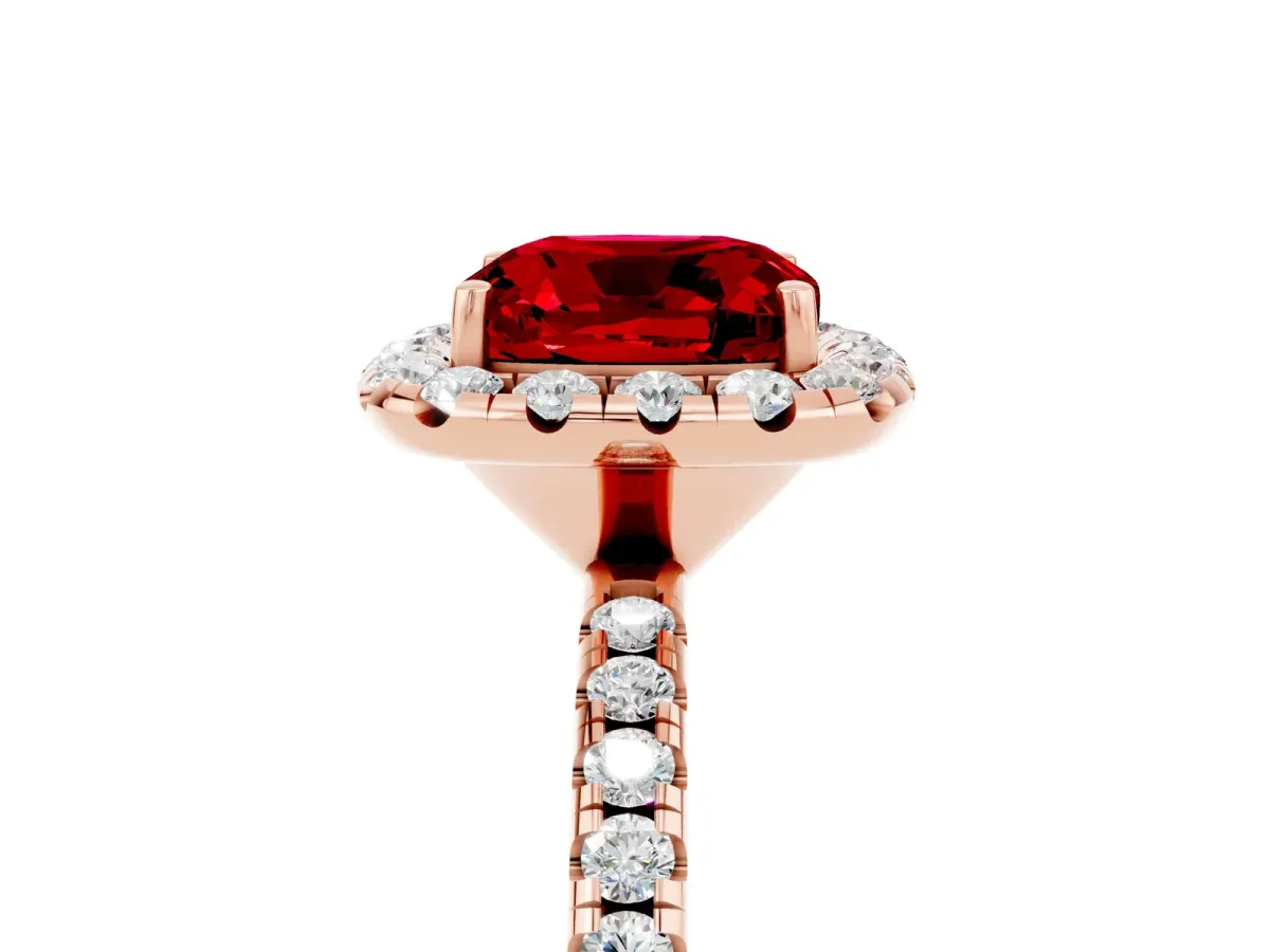 Cushion Cut Ruby Halo Ring with Round Pavé Band and Prong Setting Rose gold