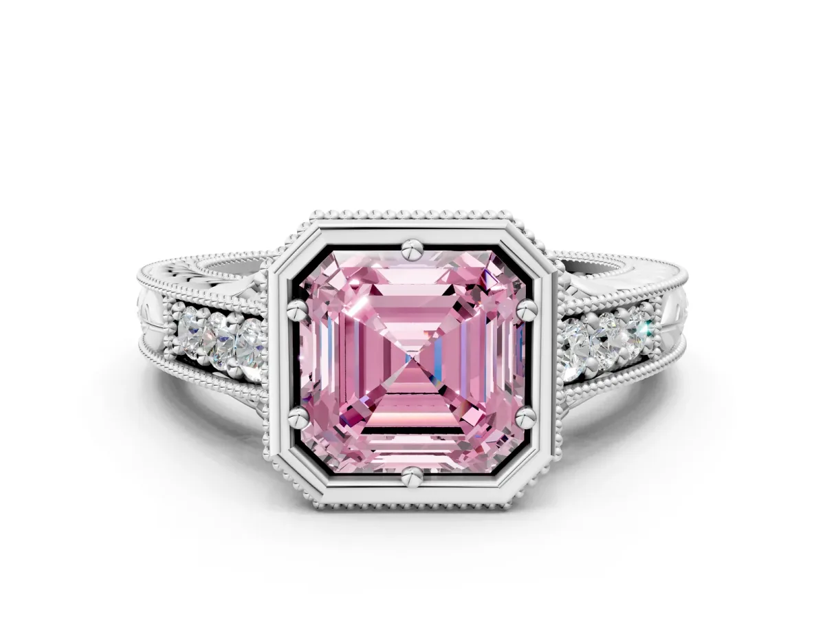 Fancy Pink Bezel Set Asscher Cut Diamond Milgrain Pave Engagement Ring Platinum