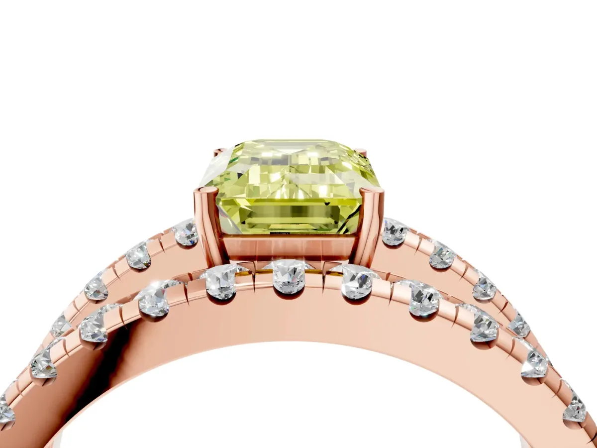 Fancy Yellow Emerald Cut Solitaire Split Shank Pave Diamond Ring Rose gold