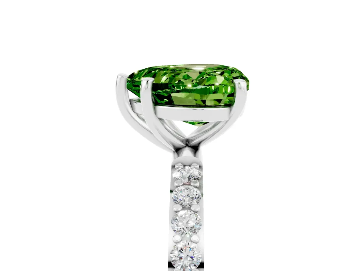 Heart Cut Peridot Solitaire Ring with Round Pavé Band and Prong Setting Silver