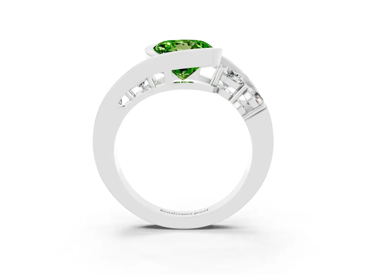 Bezel Set Round Cut Peridot Bypass Ring with Round Accents Platinum