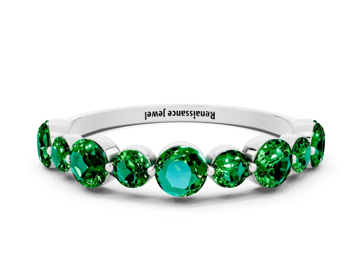 Round Emerald Scalloped Prong Set Eternity Band White gold