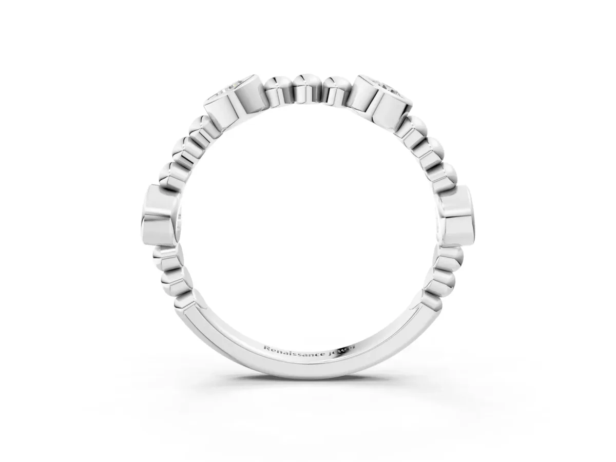 Bezel Set Round Diamond Beaded Band Silver