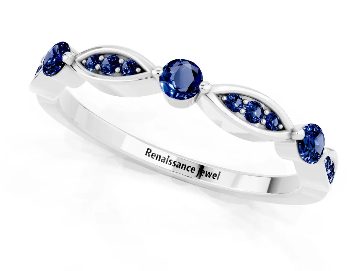 Marquise and Round Blue Sapphire Milgrain Band with Bezel Setting Platinum