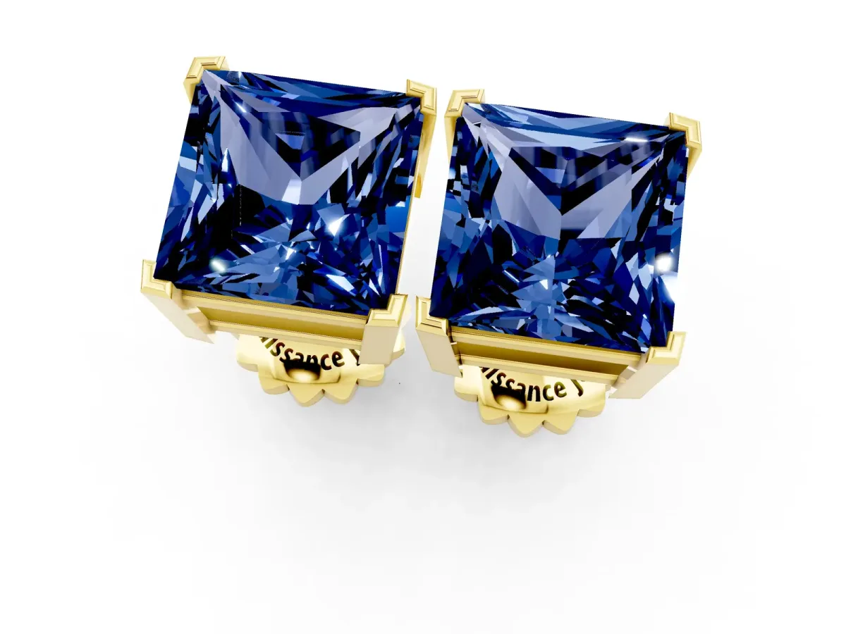 Princess Cut Blue Sapphire Stud Earrings Yellow gold