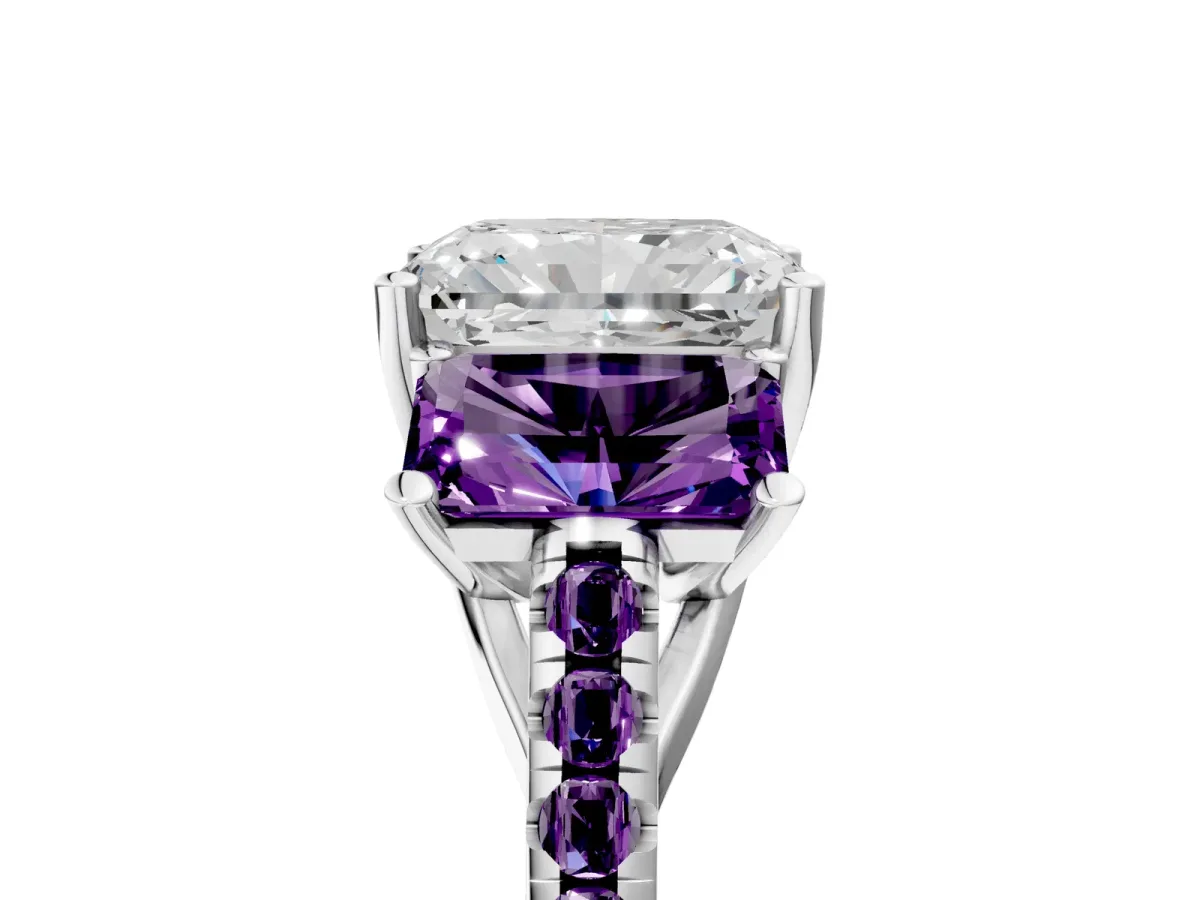 Three-Stone Radiant Cut Diamond Ring with Round Amethyst Pavé Band and Prong Setting Silver