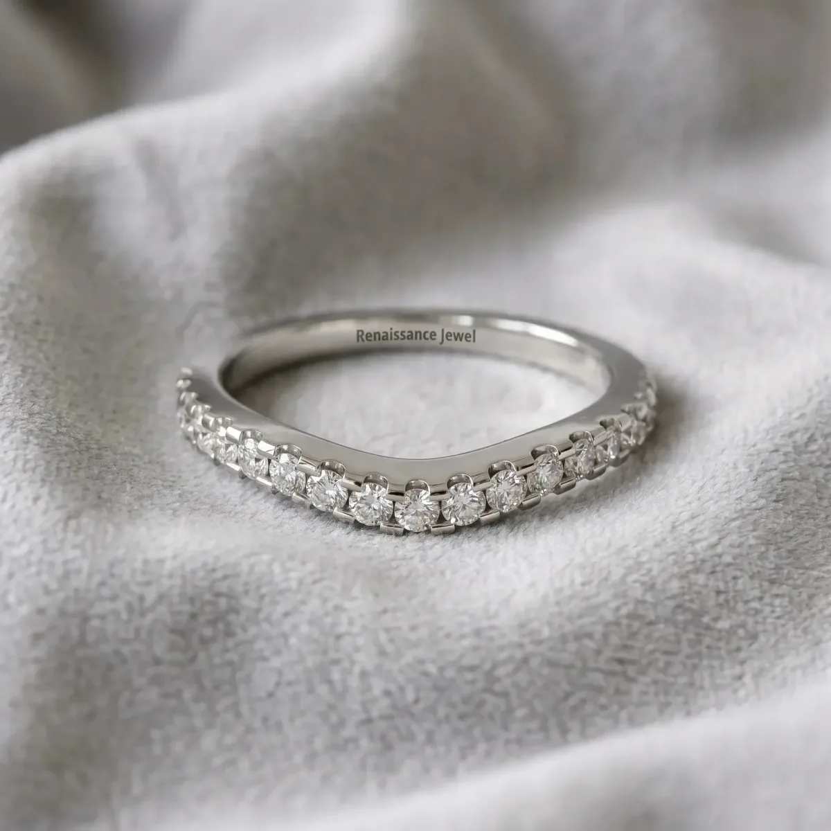 Pavé Round Diamond Curved Wedding Band Platinum