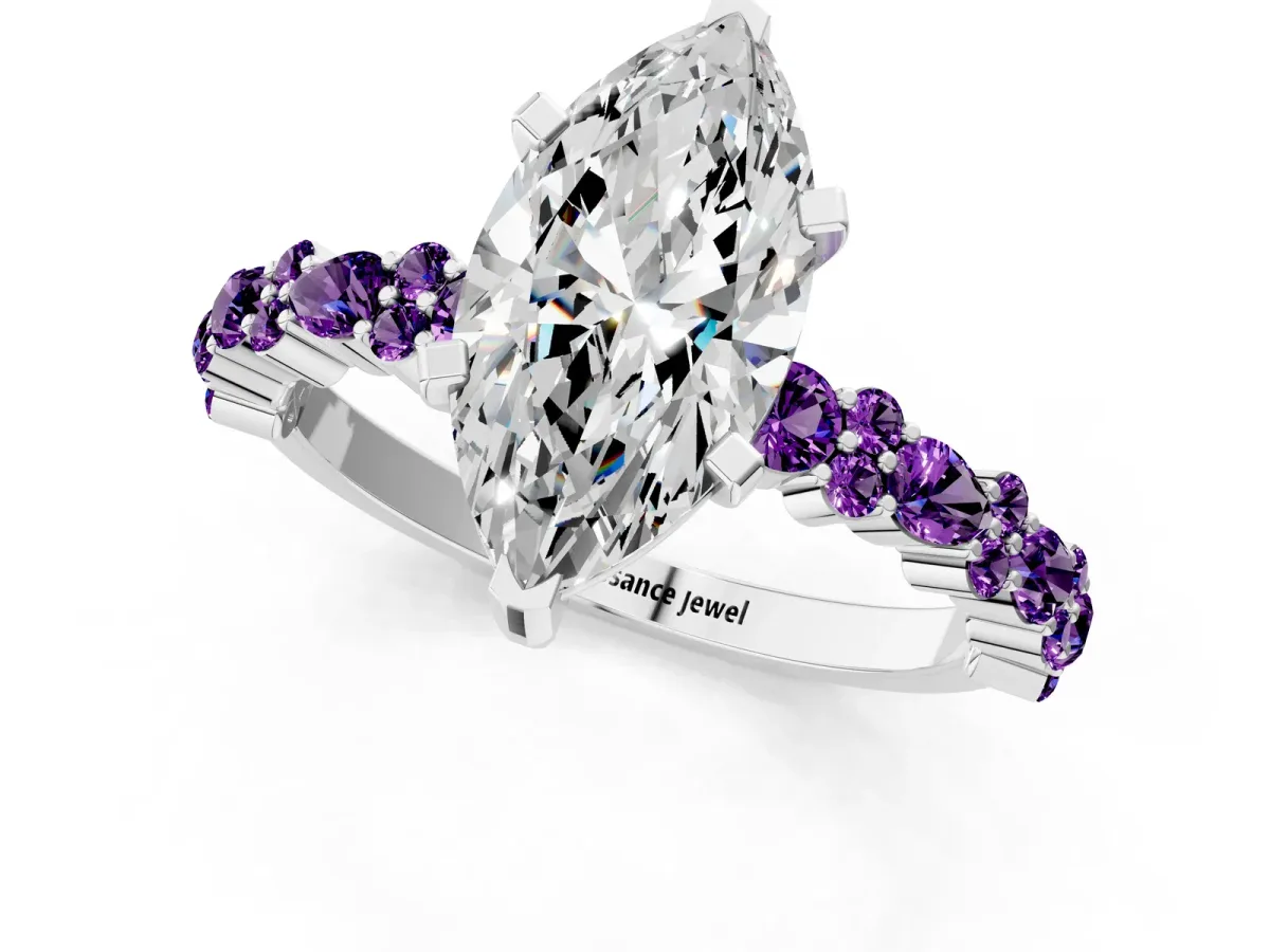 Marquise Cut Diamond Side Stone Solitaire Ring with Round Amethyst and Four-Prong Setting Platinum