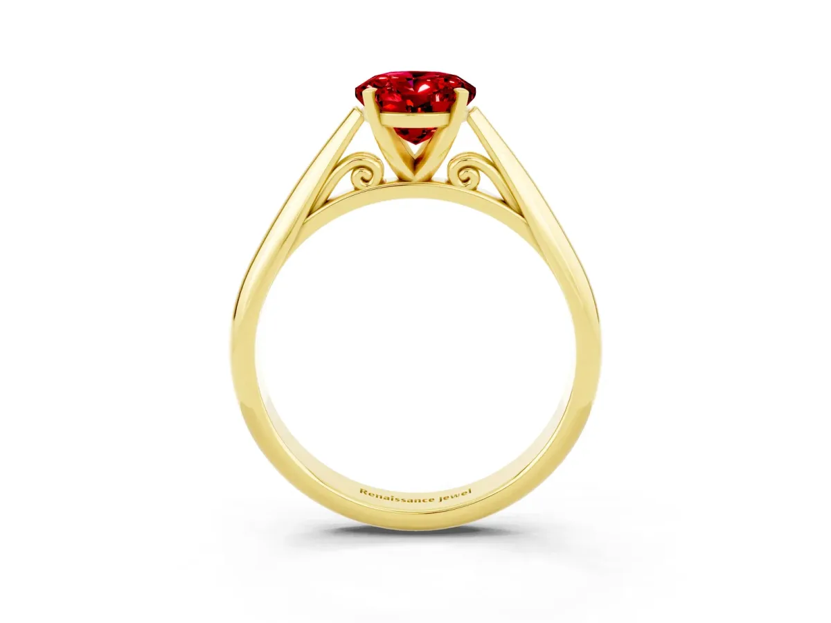 Oval Cut Ruby Solitaire Engagement Ring with Cathedral Setting and Four-Prong Mount Yellow gold