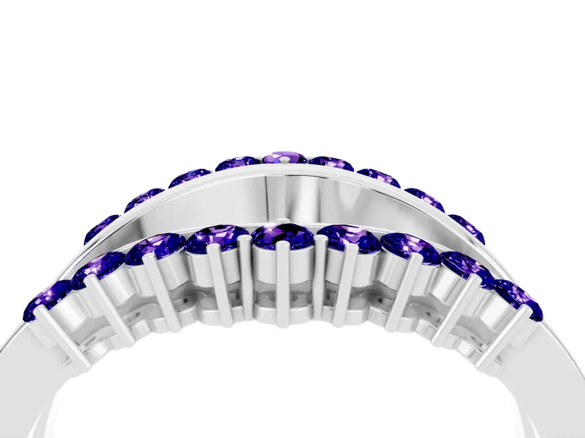 Round Tanzanite Chevron Contour Band with Prong Setting Silver