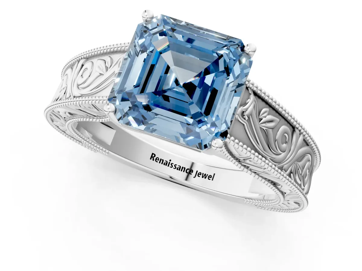 Fancy Blue Asscher Cut Diamond Solitaire Ring with Engraved Band and Four-Prong Setting Platinum
