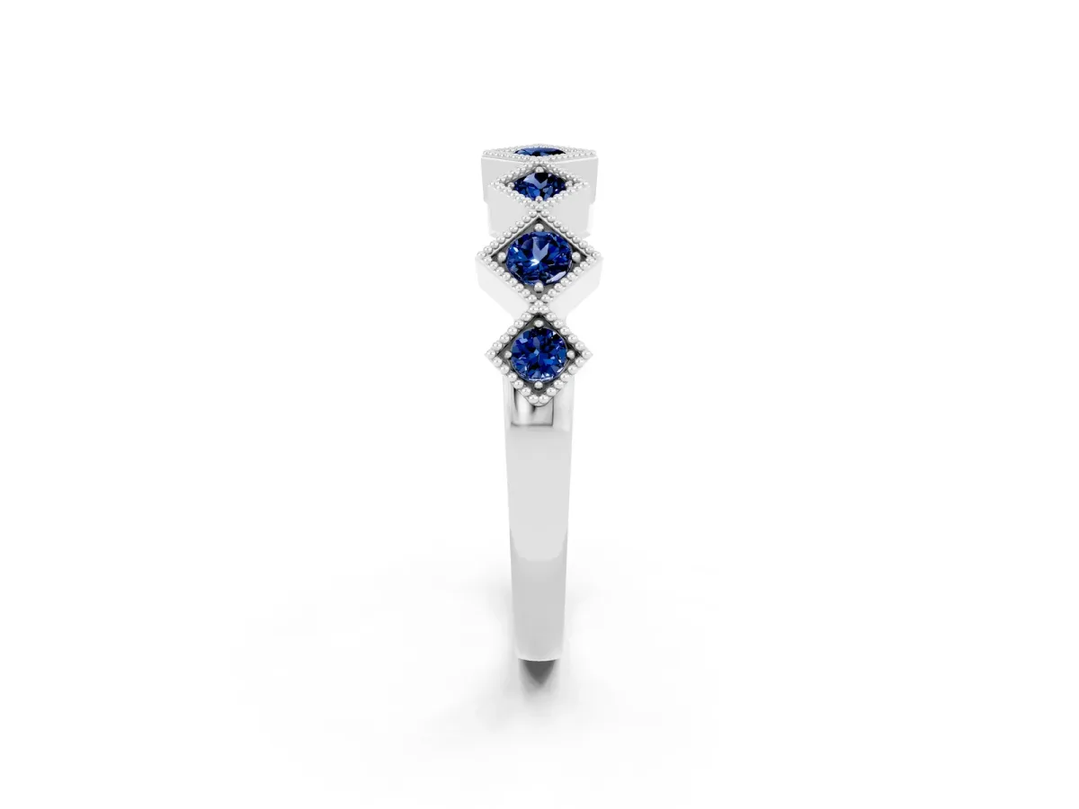 Milgrain Square Bezel Round Blue Sapphire Chevron Band Silver