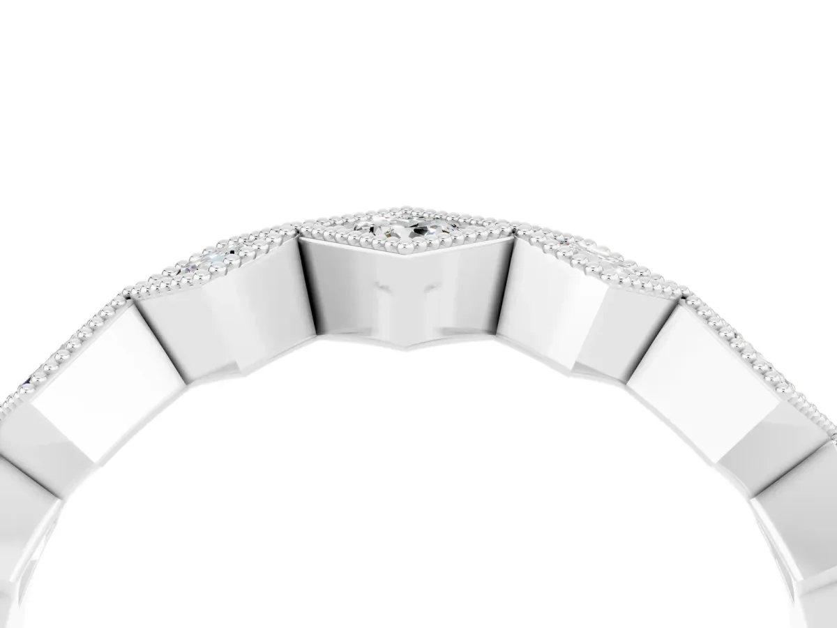Milgrain Square Bezel Round Moissanite Chevron Band Silver