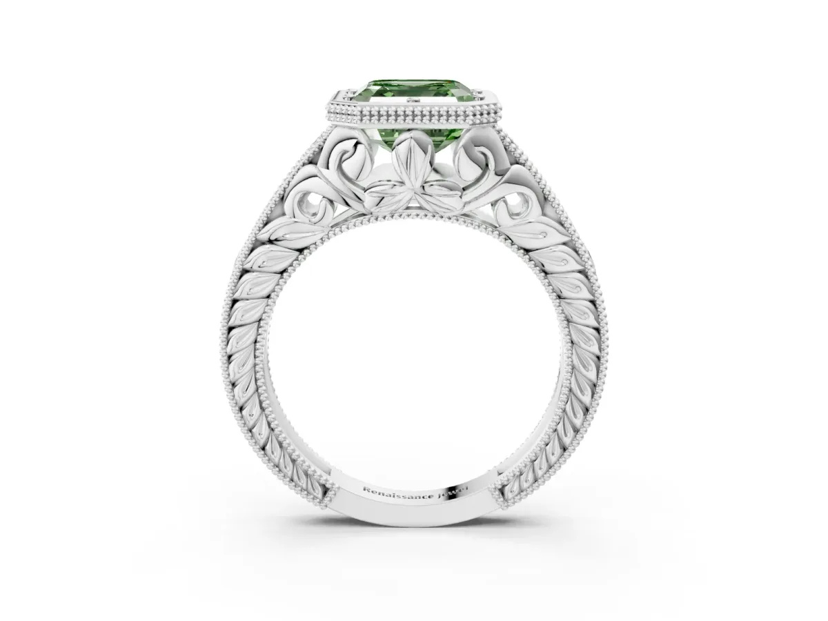 Fancy Green Bezel Set Asscher Cut Diamond Milgrain Pave Engagement Ring Platinum