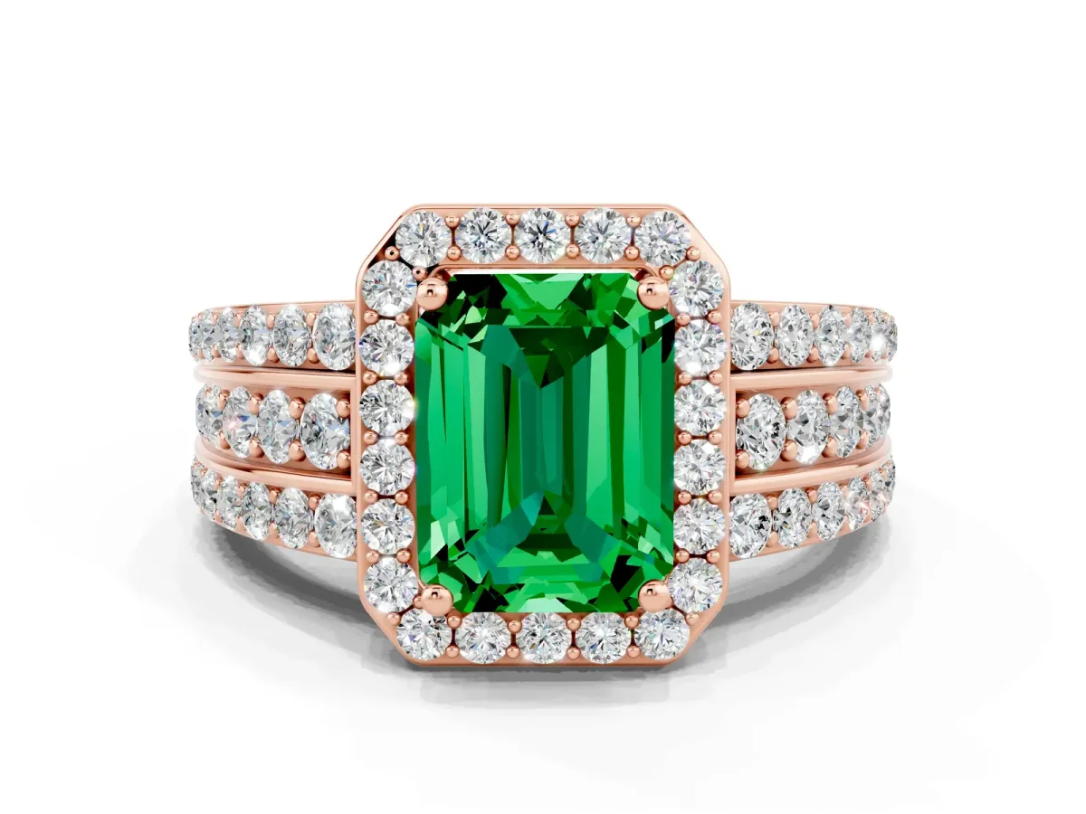 Emerald Cut Halo Emerald Ring with Round Split Shank and Prong Setting Rose gold