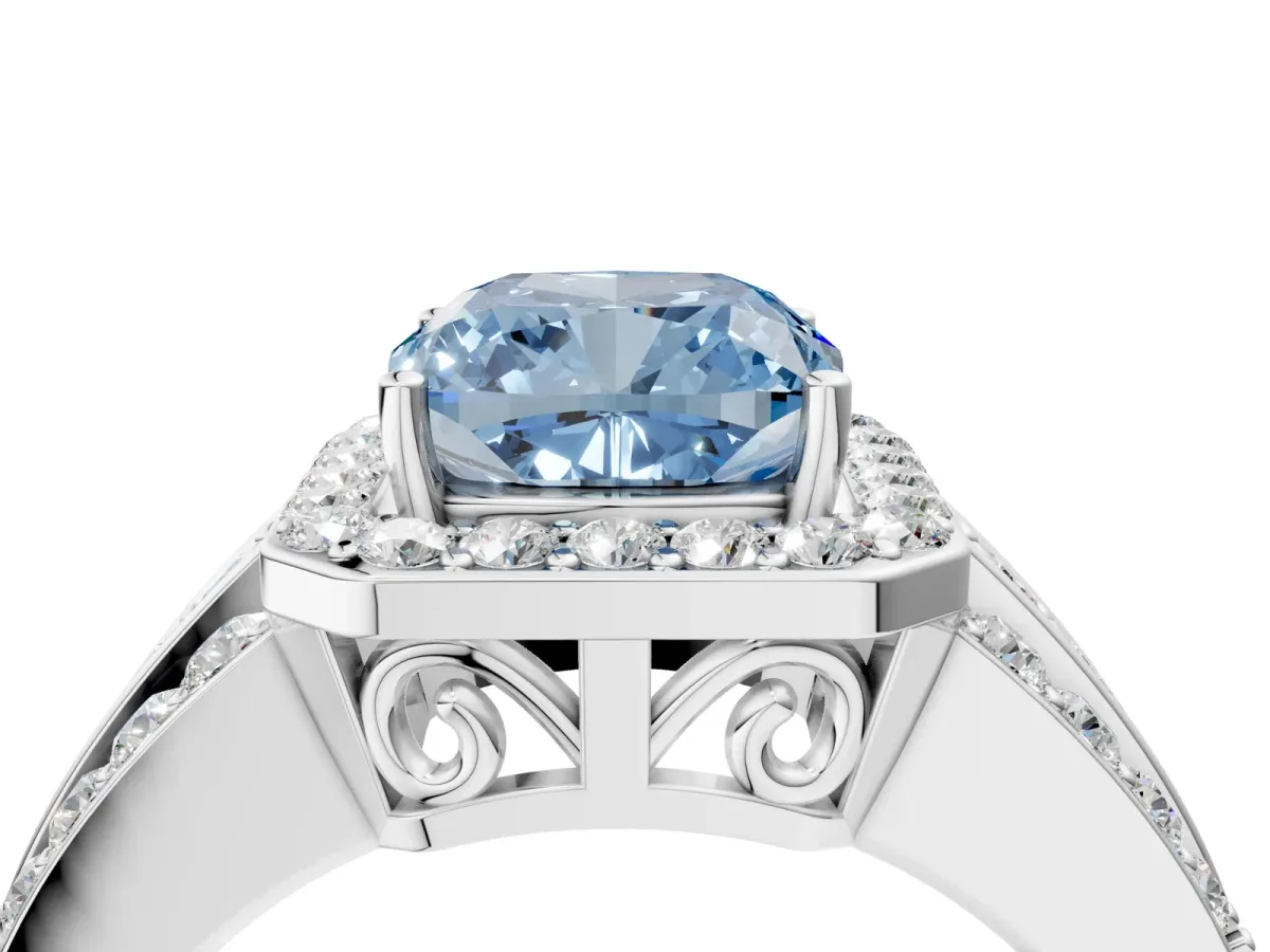 Fancy Blue Cushion Cut Halo Diamond Ring with Round Split Shank and Prong Setting Silver