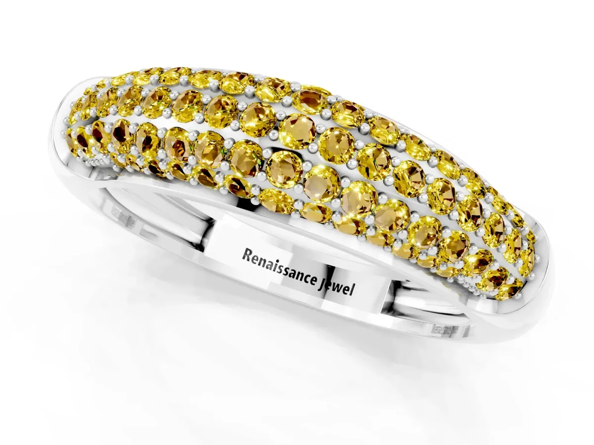 Three-Row Pavé Round Yellow Sapphire Dome Band Silver
