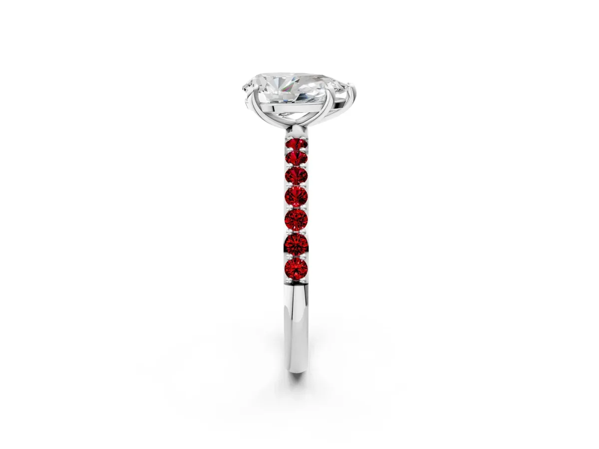 Pear Cut Diamond Solitaire Ring with Round Ruby Pavé Band and Prong Setting Silver