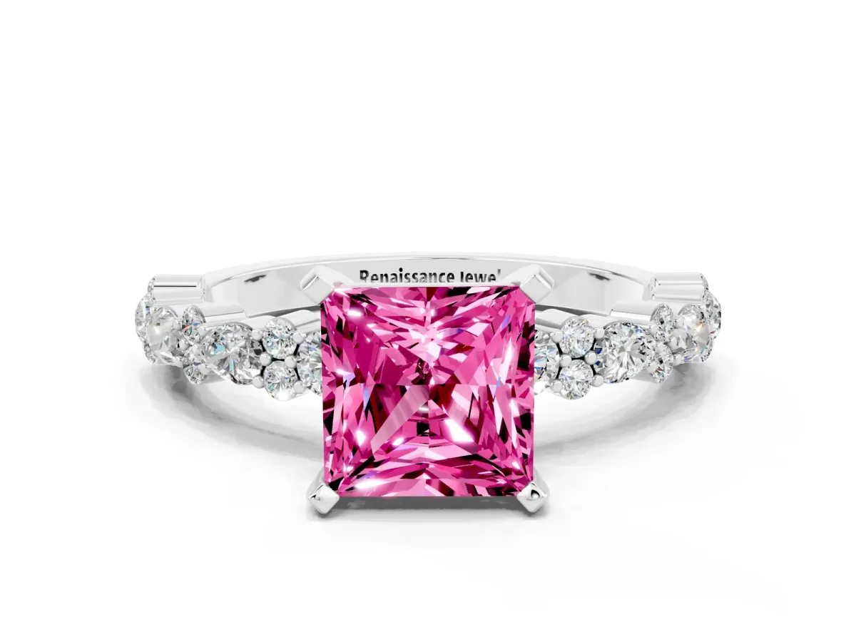 Princess Cut Pink Sapphire Side Stone Solitaire Ring with Round and Four-Prong Setting Silver