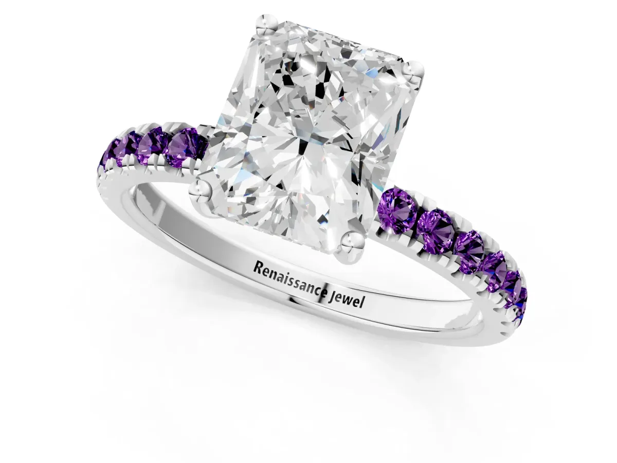 Radiant Cut Diamond Pave Band Solitaire Ring with Round Amethyst and Prong Setting Silver